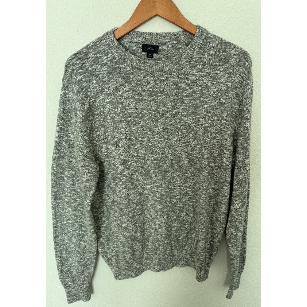 J Crew Sweater Men's M Pullover Gray White Heathered Knit Crew Neck Preppy